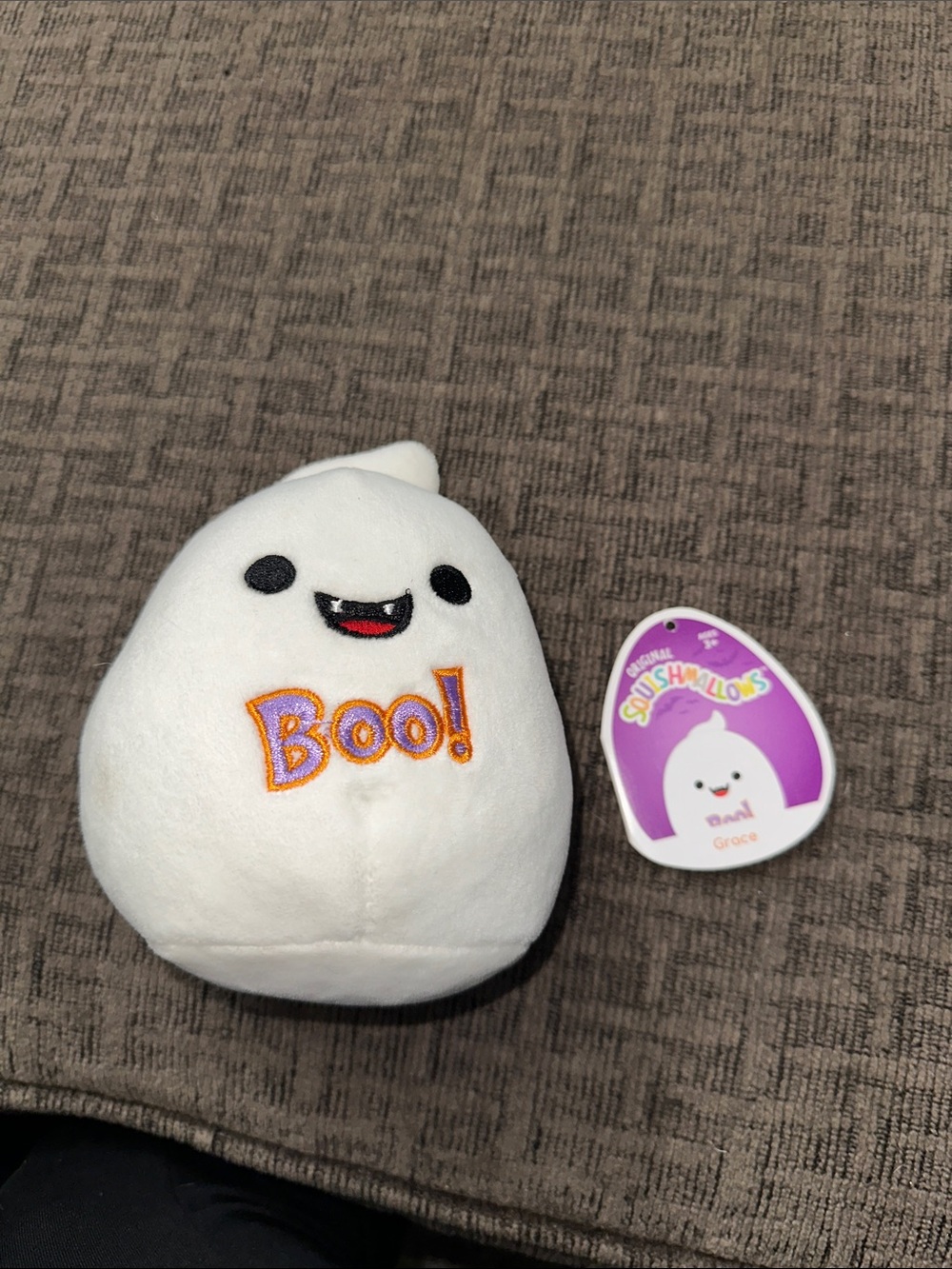Squishmallows White Ghost Plush with Embroidered "Boo!" Text